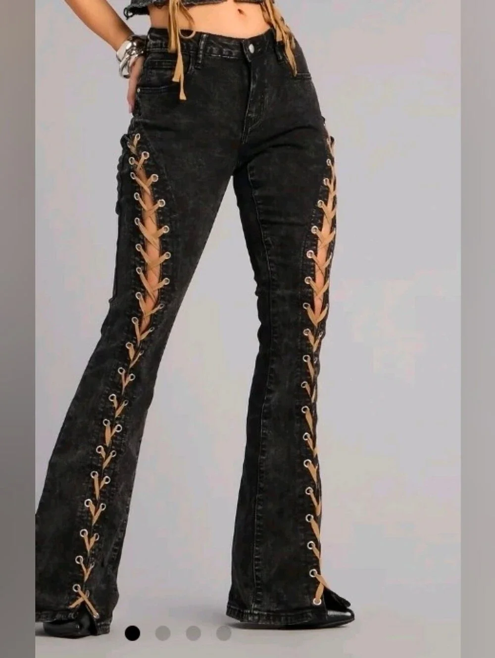 Black Lace-Up Side Panel Jeans